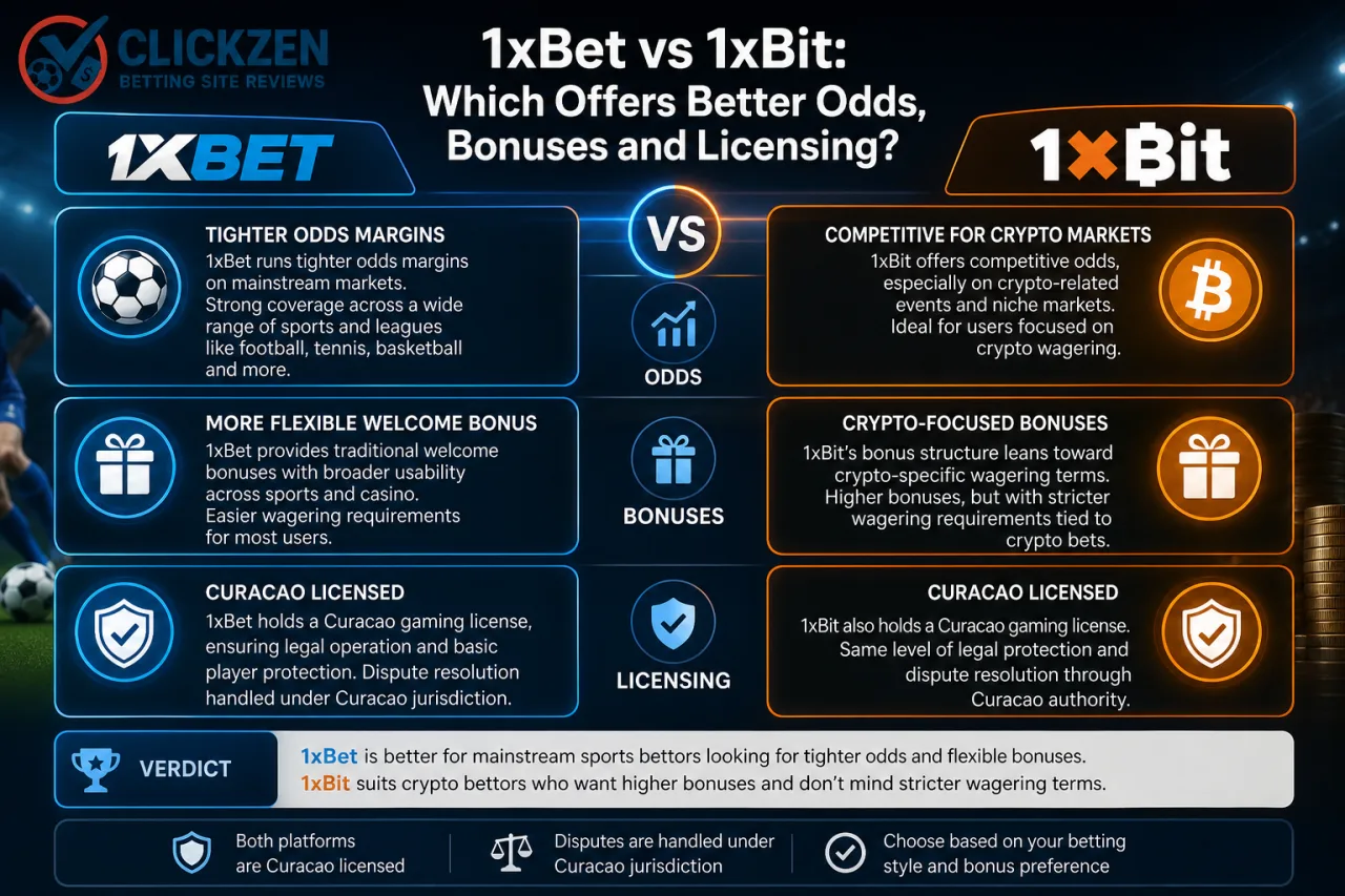 1xBet vs 1xBit: which offers better odds, bonuses and licensing