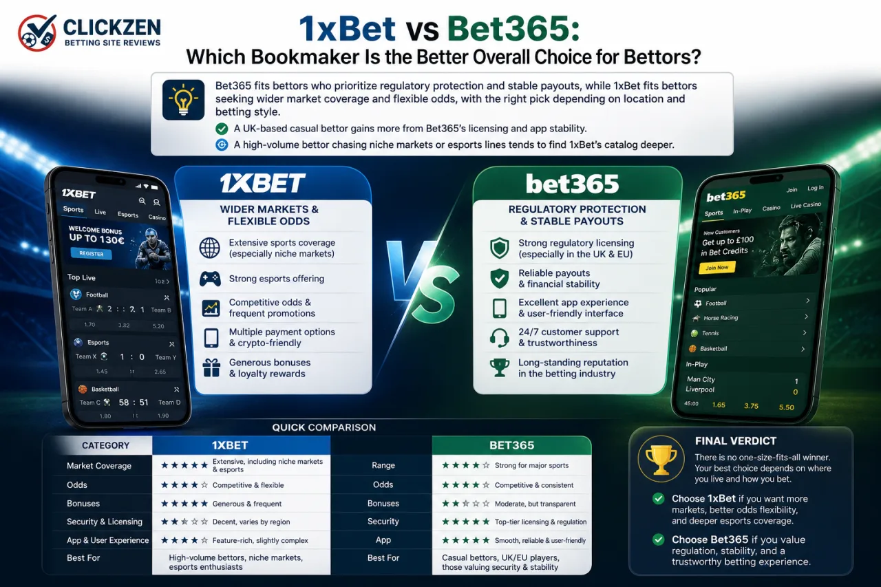 1xBet vs Bet365: which bookmaker is the better overall choice for bettors