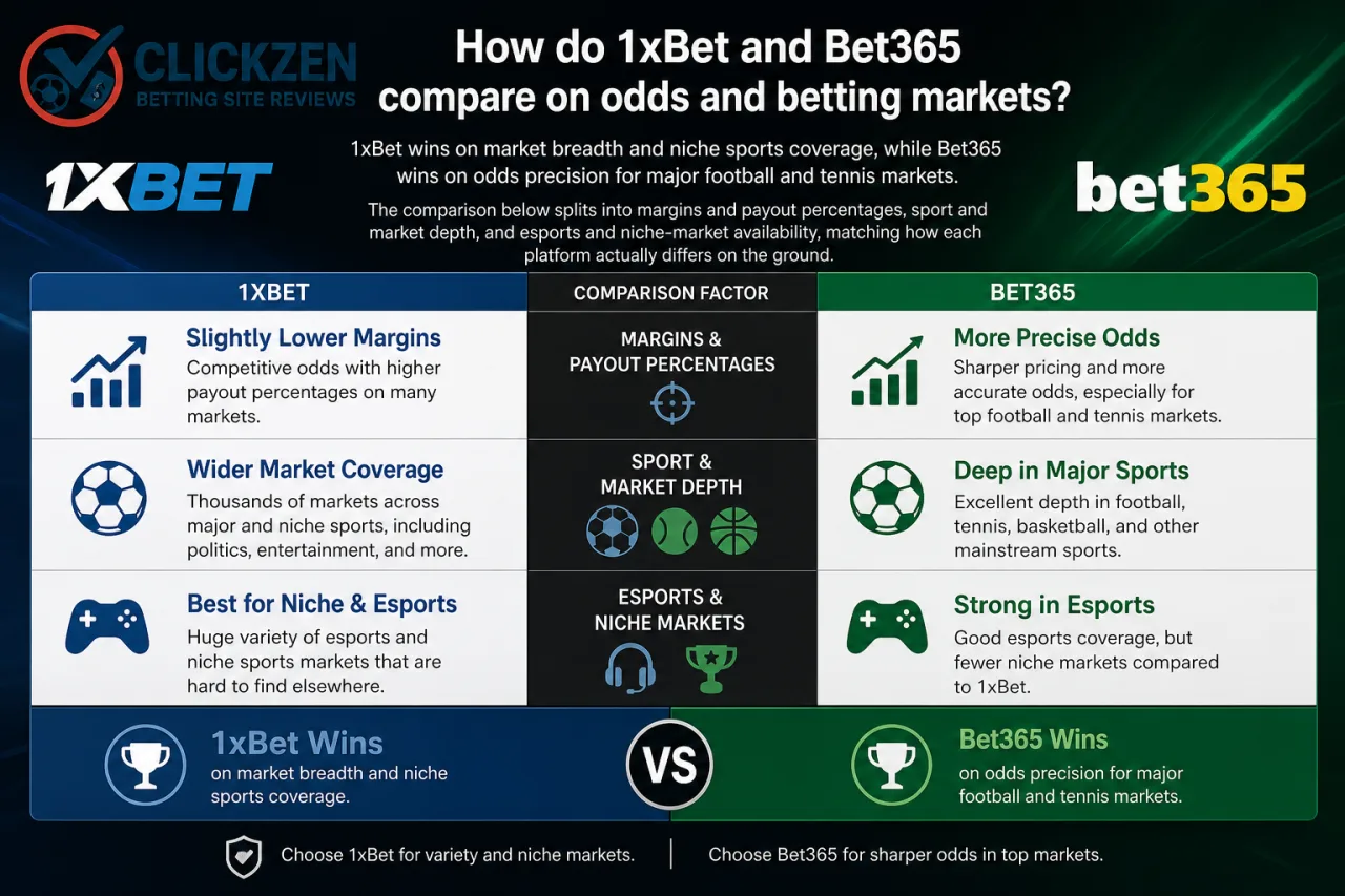 How do 1xBet and Bet365 compare on odds and betting markets