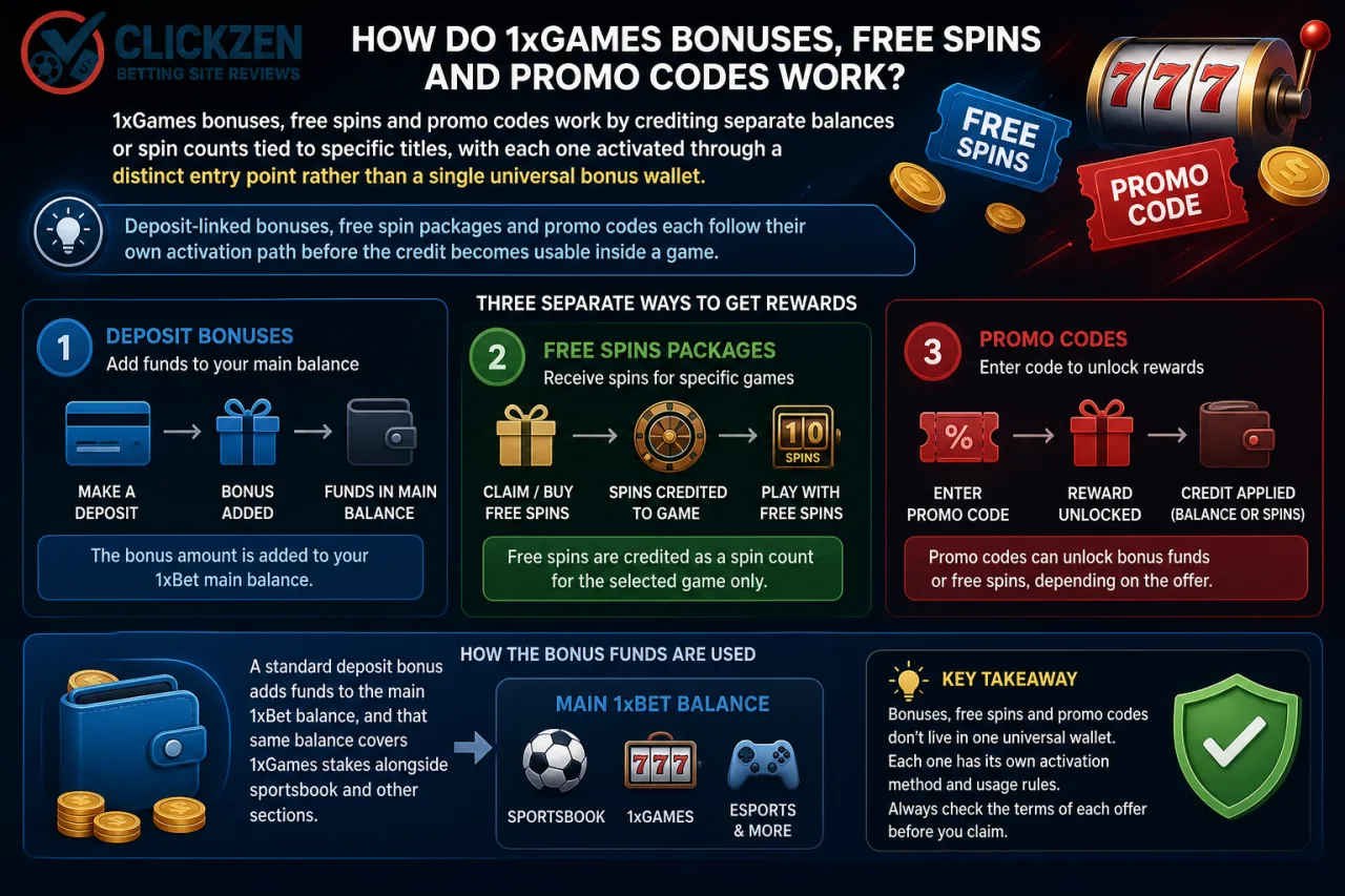 How do 1xGames bonuses, free spins and promo codes work
