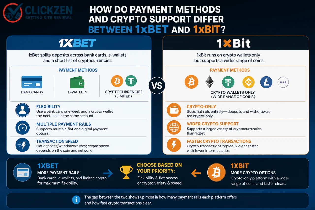 How do payment methods and crypto support differ between 1xBet and 1xBit