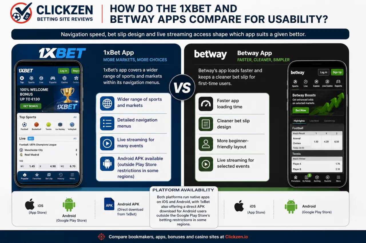 How do the 1xBet and Betway apps compare for usability