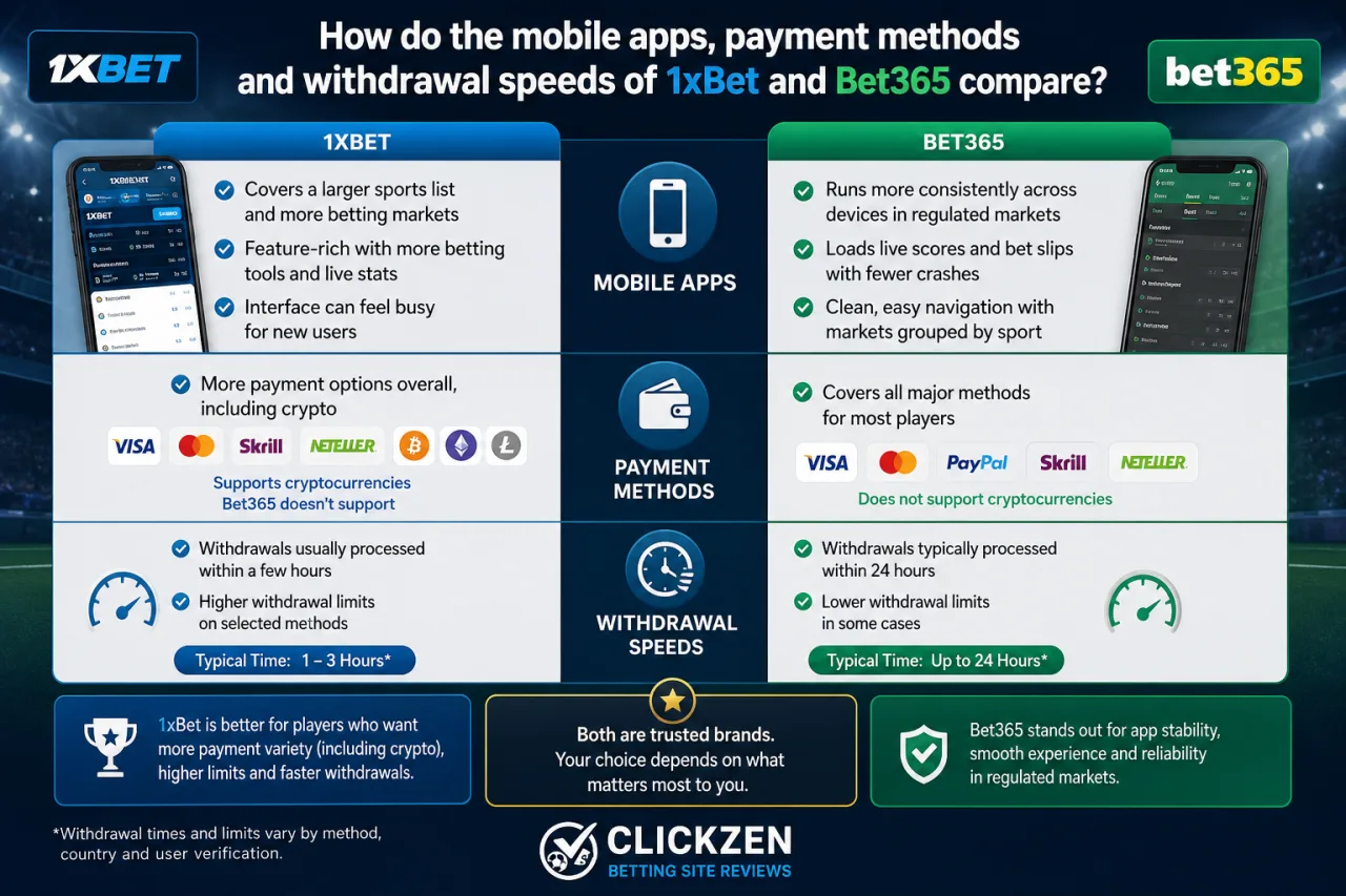 How do the mobile apps, payment methods and withdrawal speeds of 1xBet and Bet365 compare