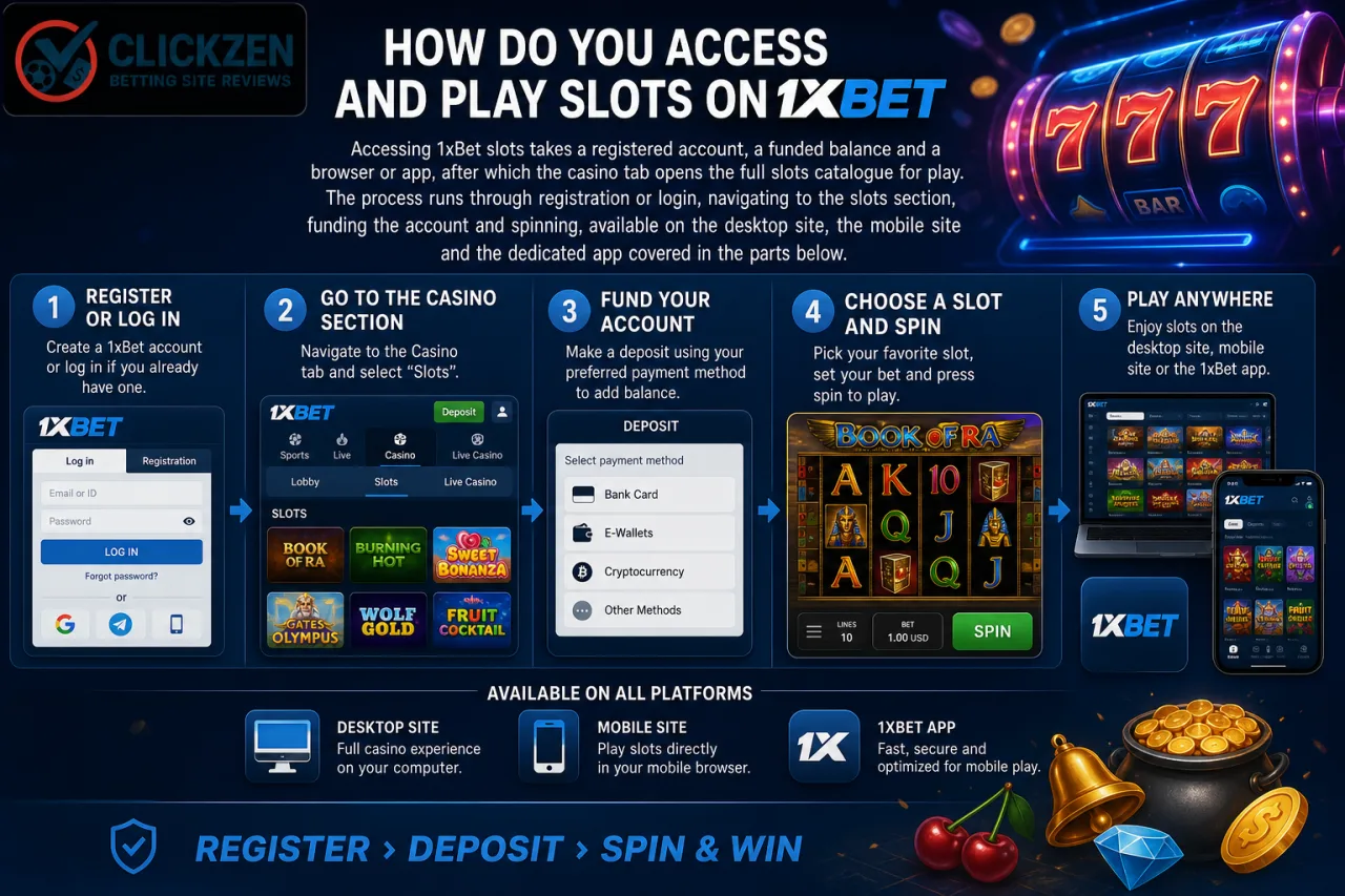 How do you access and play slots on 1xBet