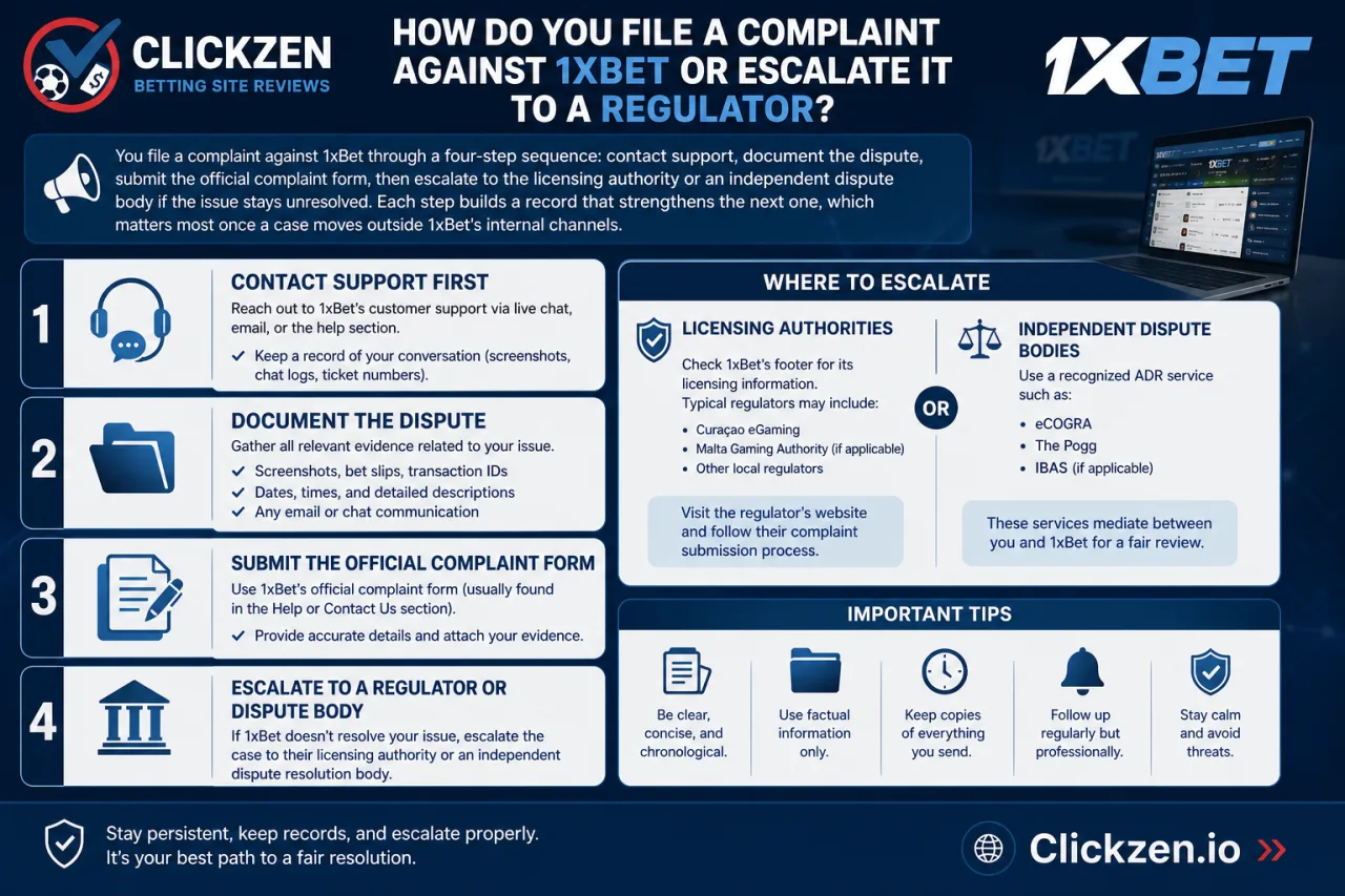 How do you file a complaint against 1xBet or escalate it to a regulator