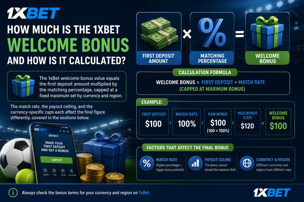 How much is the 1xBet welcome bonus and how is it calculated