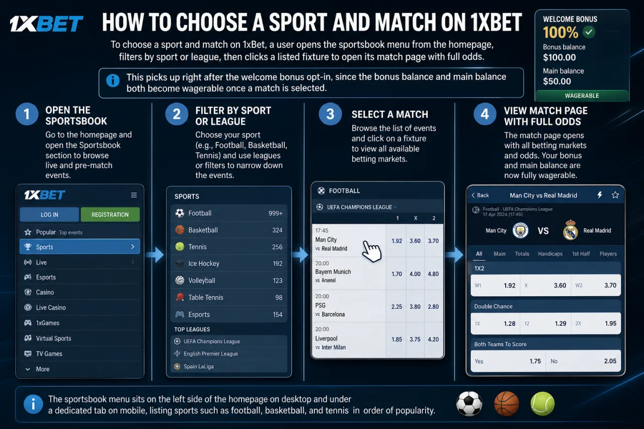 How to choose a sport and match on 1xBet