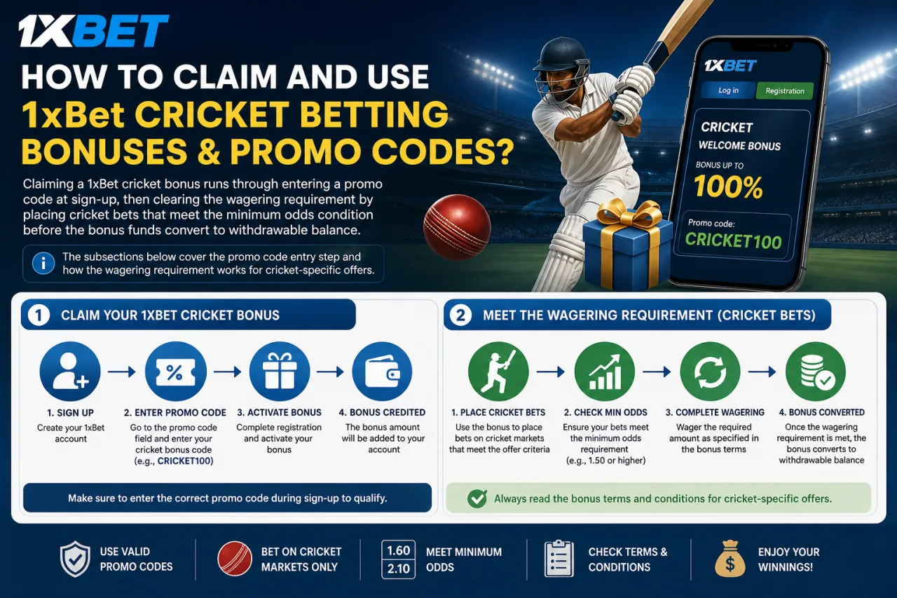 How to claim and use 1xBet cricket betting bonuses and promo codes