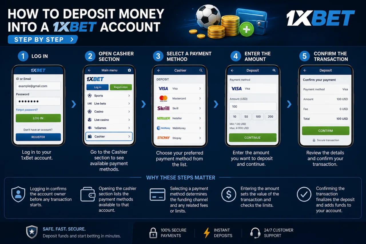 How to deposit money into a 1xBet account step by step