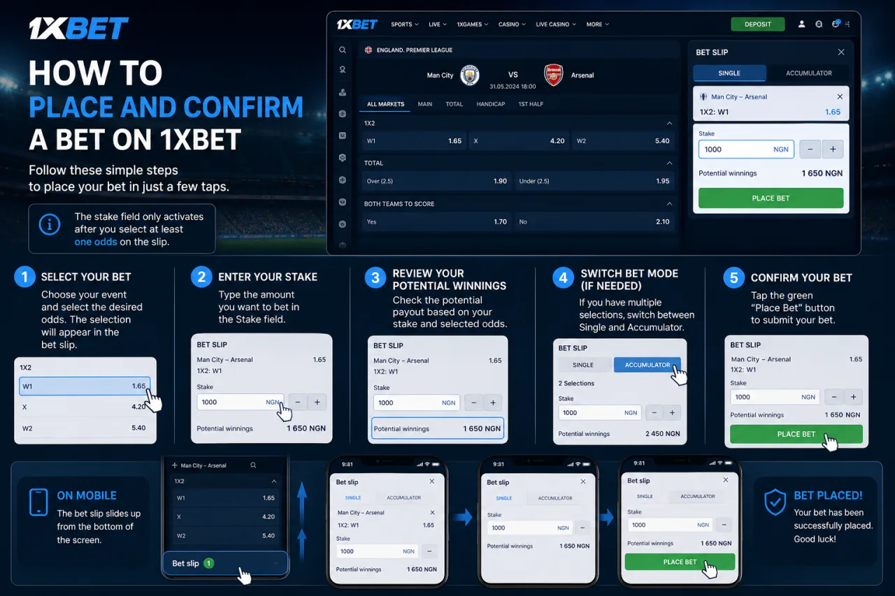 How to place and confirm a bet on 1xBet