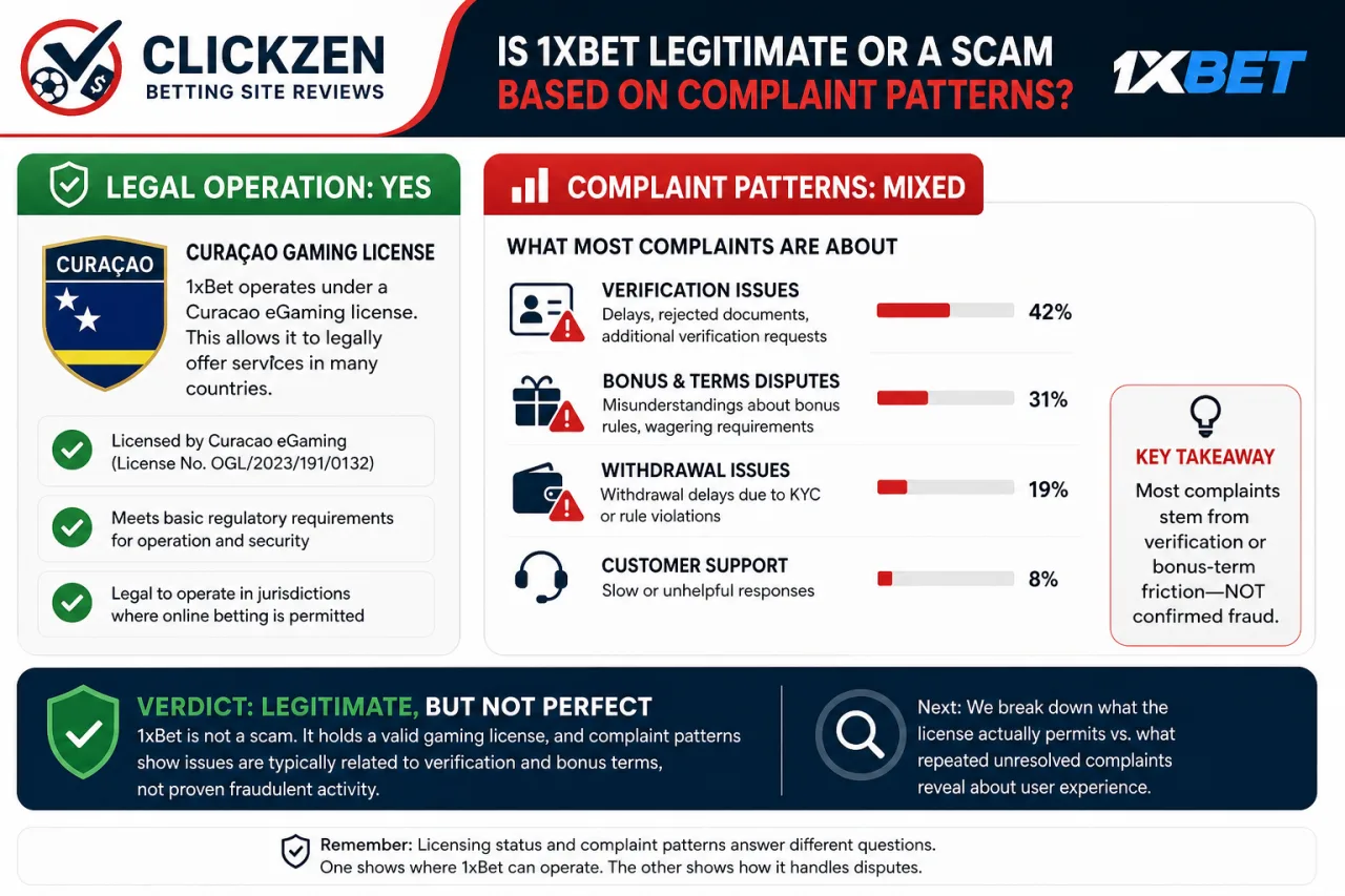 Is 1xBet legitimate or a scam based on complaint patterns
