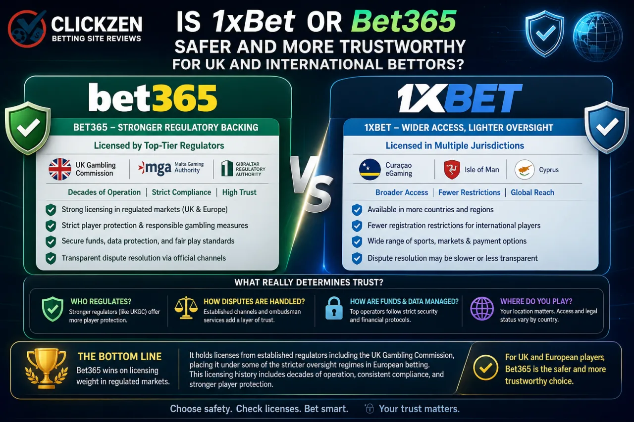 Is 1xBet or Bet365 safer and more trustworthy for UK and international bettors