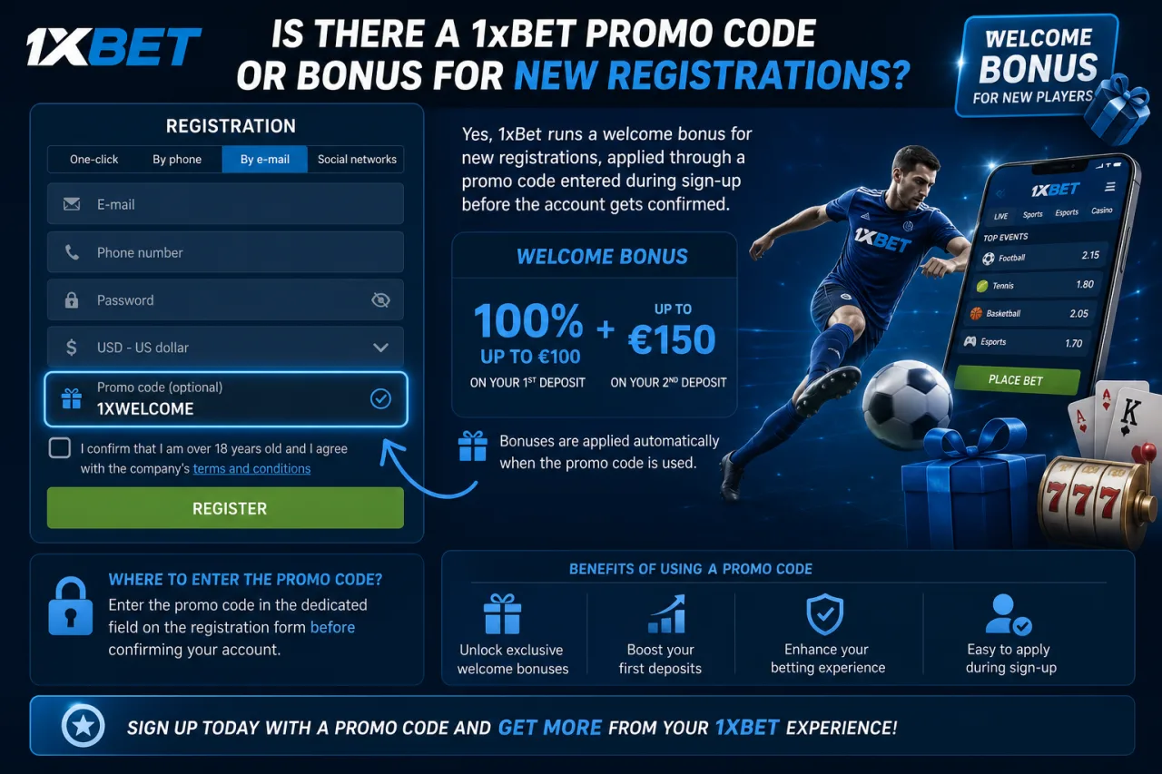 Is there a 1xBet promo code or bonus for new registrations