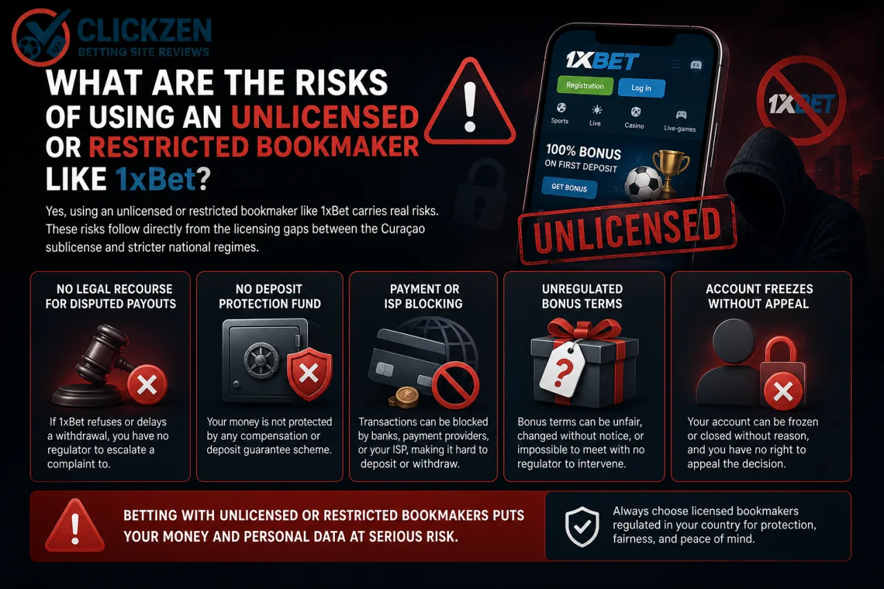 What are the risks of using an unlicensed or restricted bookmaker like 1xBet