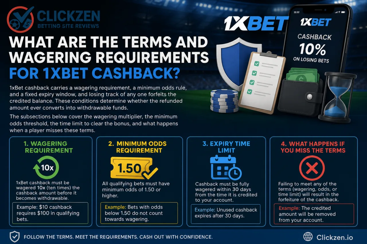 What are the terms and wagering requirements for 1xBet cashback