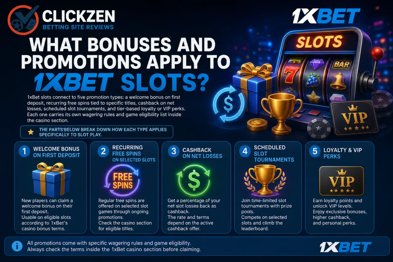 What bonuses and promotions apply to 1xBet slots