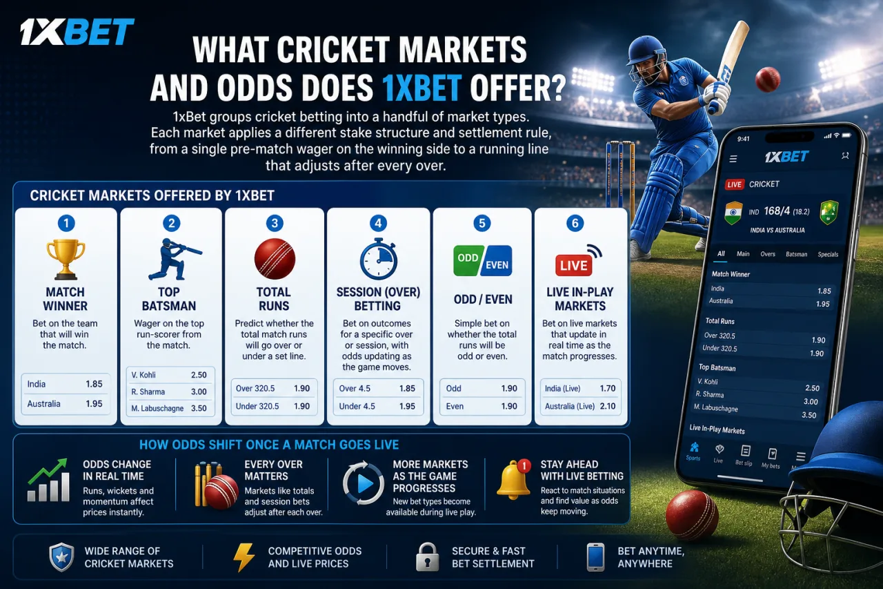 What cricket markets and odds does 1xBet offer
