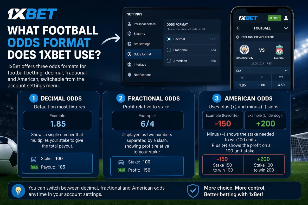 What football odds format does 1xBet use