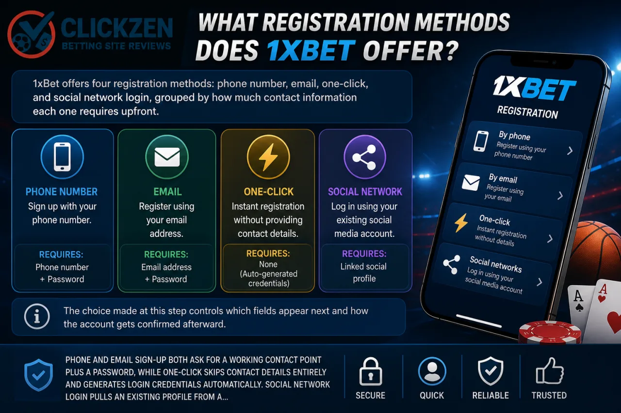 What registration methods does 1xBet offer