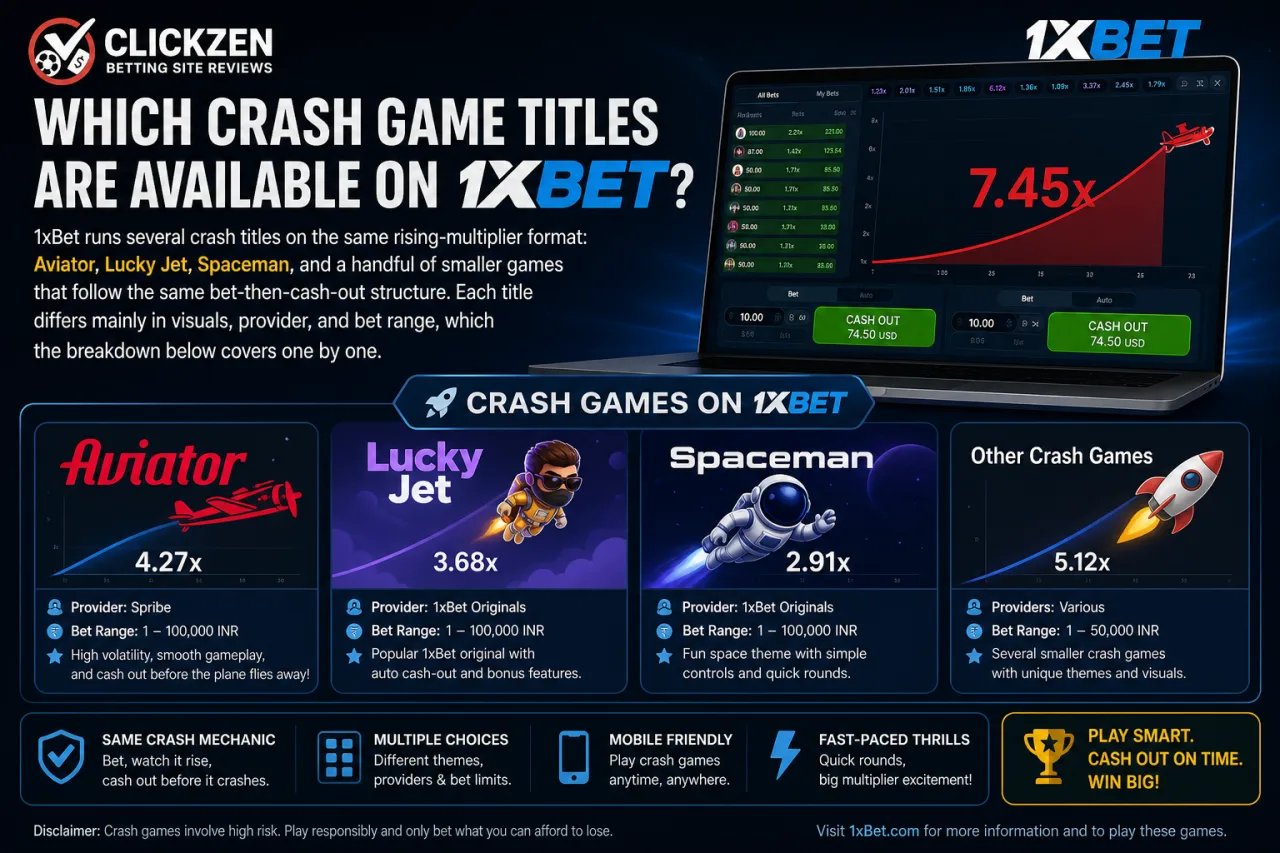 Which crash game titles are available on 1xBet