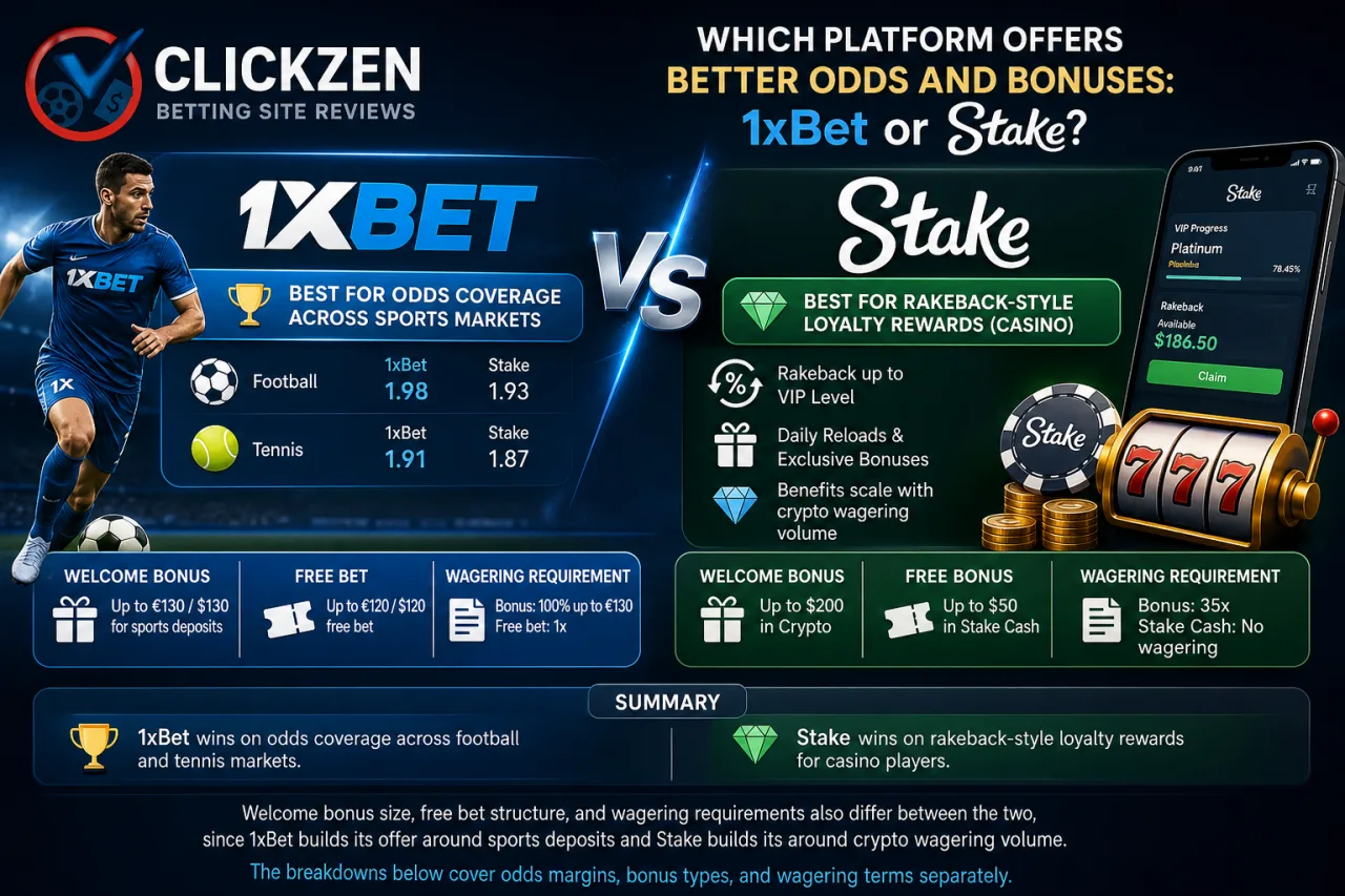 Which platform offers better odds and bonuses: 1xBet or Stake