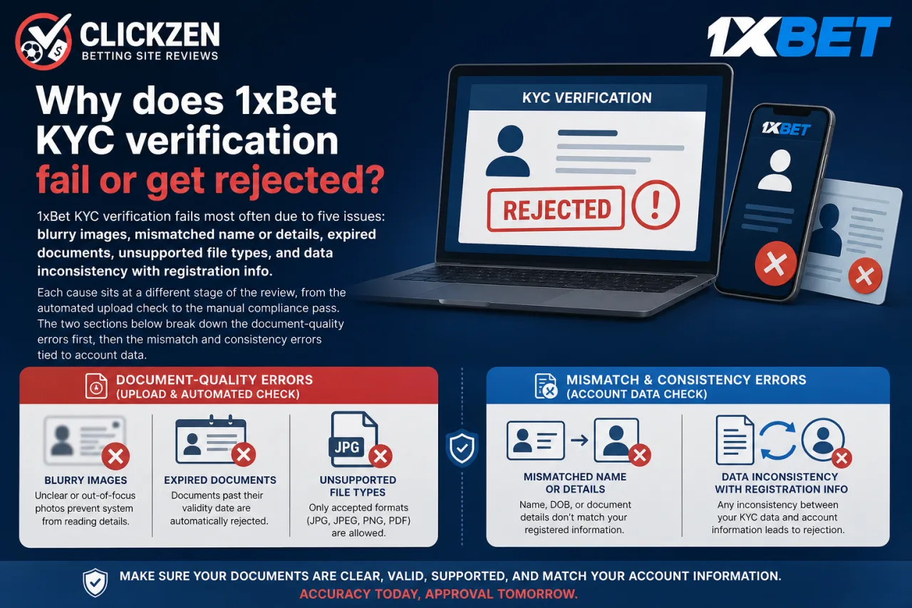 Why does 1xBet KYC verification fail or get rejected